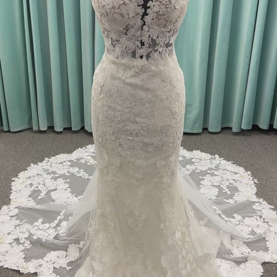 Essense of Australia D4141 lace fit-and-flare wedding dress with high illusion neckline, sheer bodice, low keyhole back, and shaped lace train
