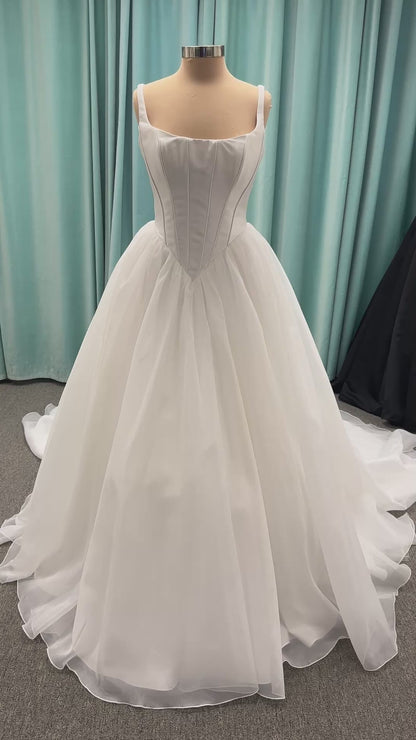 Stella York SY8222 ballgown wedding dress with scoop neckline, structured Mikado bodice, basque waist, and full organza skirt