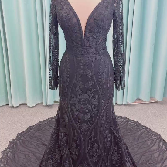 Morticia Mermaid Wedding Dress in Black, Size 12 — embroidered lace, plunging V-neckline, long illusion sleeves