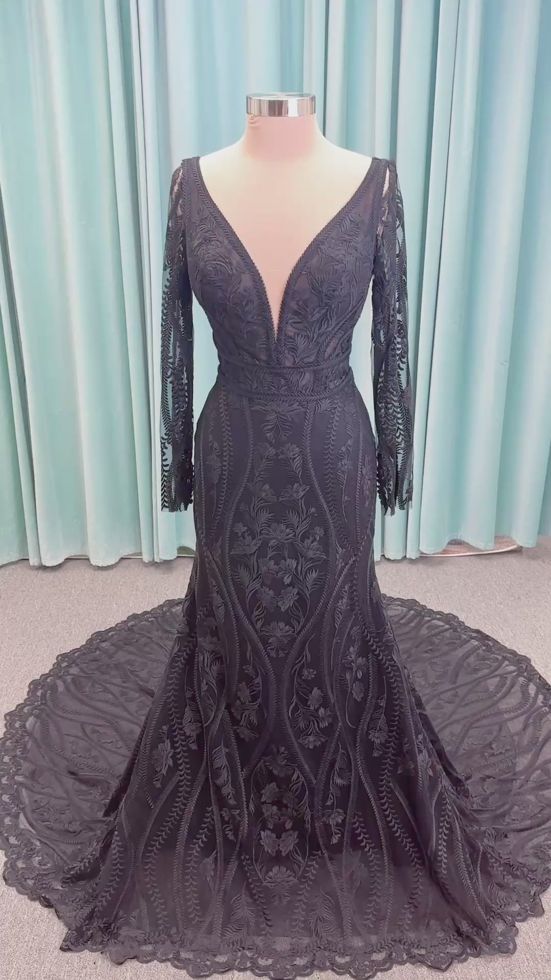 Morticia Mermaid Wedding Dress in Black, Size 12 — embroidered lace, plunging V-neckline, long illusion sleeves