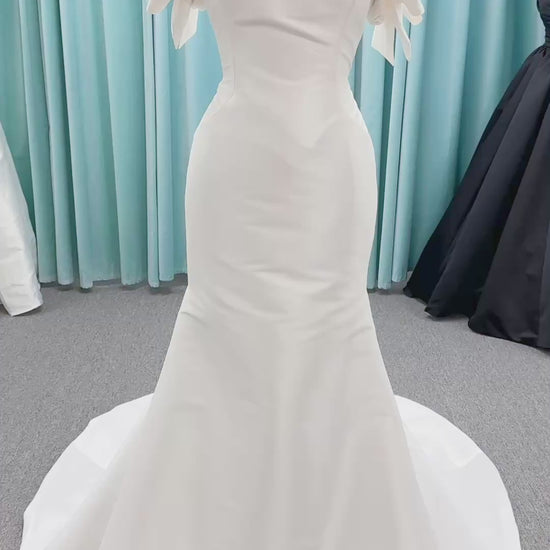 Morilee Raven style 4475 strapless Larissa satin fit-and-flare wedding dress with bow keyhole back, size 10