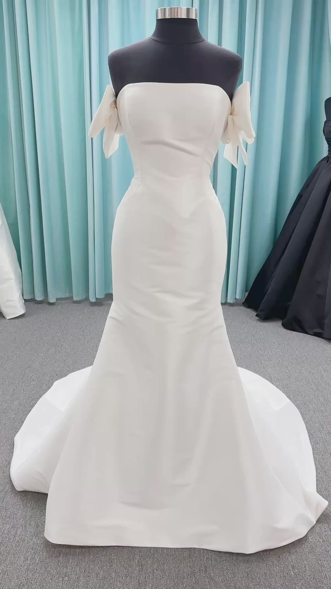 Morilee Raven style 4475 strapless Larissa satin fit-and-flare wedding dress with bow keyhole back, size 10