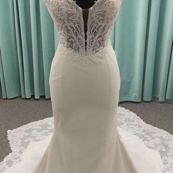 Essense of Australia D4181 column wedding dress with plunging V-neckline, pearl straps, lace bodice, and sleek crepe skirt with lace train