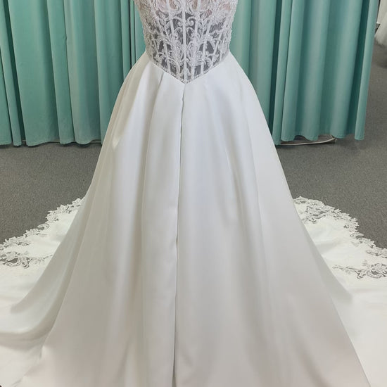 Aster Ballgown Wedding Dress in Ivory, Size 12 — lace bodice, square neckline, full ballgown skirt