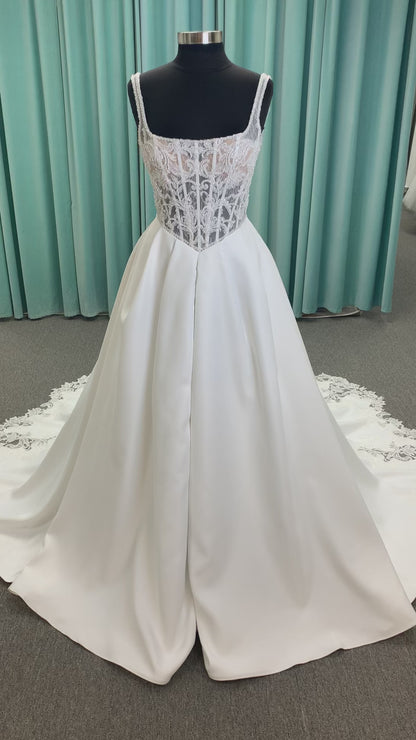 Aster Ballgown Wedding Dress in Ivory, Size 12 — lace bodice, square neckline, full ballgown skirt