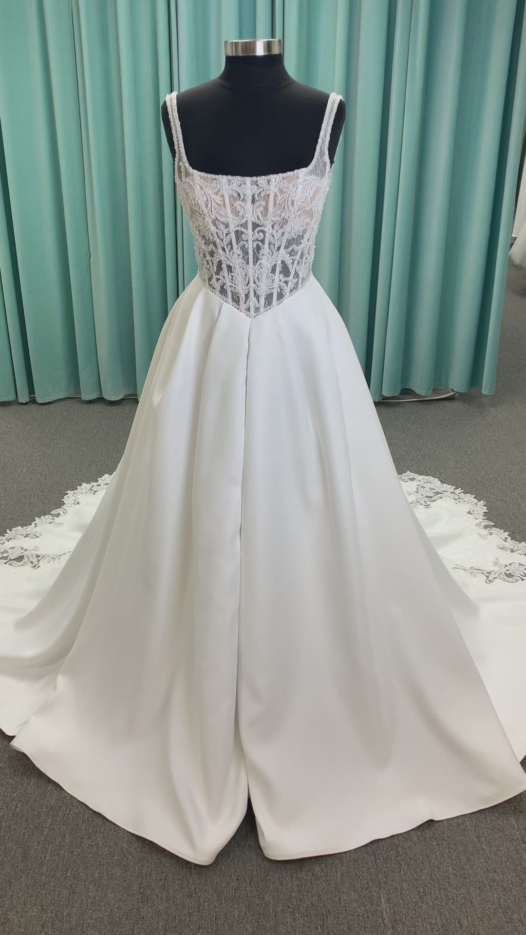 Aster Ballgown Wedding Dress in Ivory, Size 12 — lace bodice, square neckline, full ballgown skirt