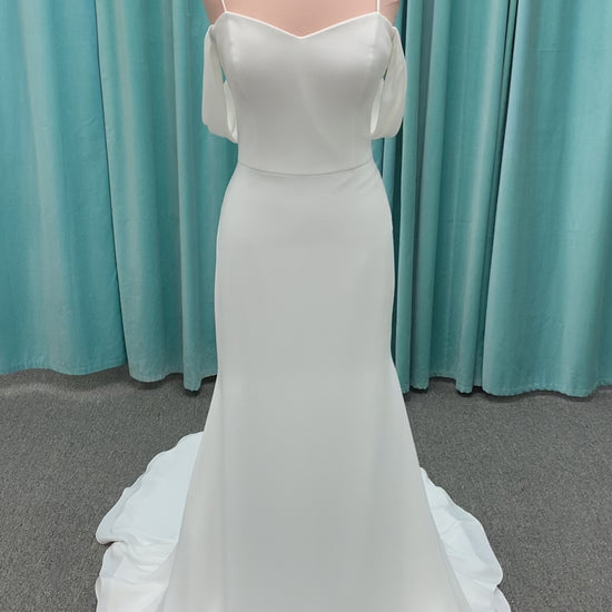 Crepe fit and flare wedding dress with off the shoulder spaghetti straps Paloma Blanca 4854