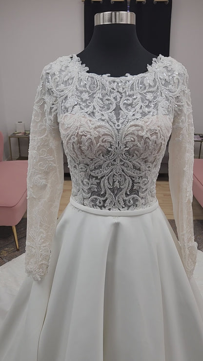Aline Beaded Long Sleeve with Boat Neckline Wedding Dress