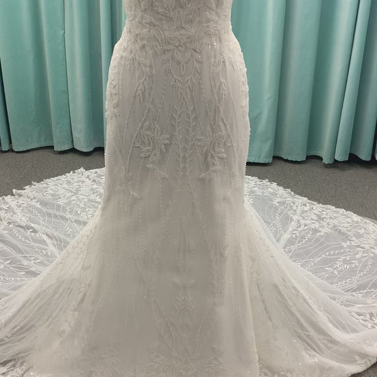 Shimmering lace fit-and-flare wedding dress with botanical appliqués, scoop neckline, and sheer lace train by Essense of Australia Style D4279