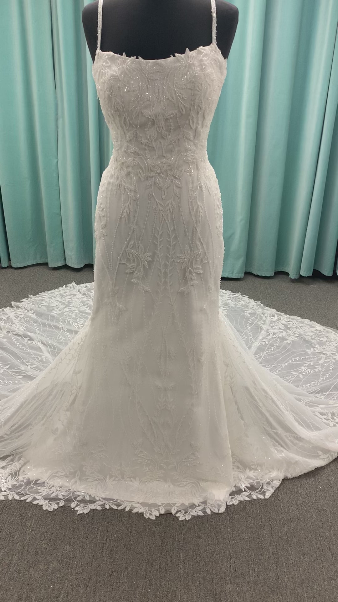 Shimmering lace fit-and-flare wedding dress with botanical appliqués, scoop neckline, and sheer lace train by Essense of Australia Style D4279