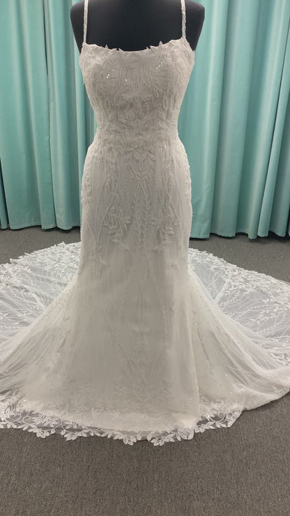 Shimmering lace fit-and-flare wedding dress with botanical appliqués, scoop neckline, and sheer lace train by Essense of Australia Style D4279