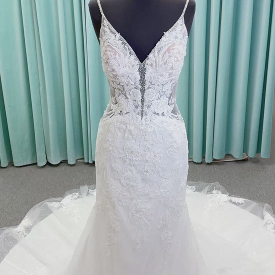 Morilee 2467 Fortunata fit and flare wedding dress with V-neckline, frosted crystal lace appliqués, open beaded back, and sparkle net skirt in Ivory/Cappuccino/Honey.