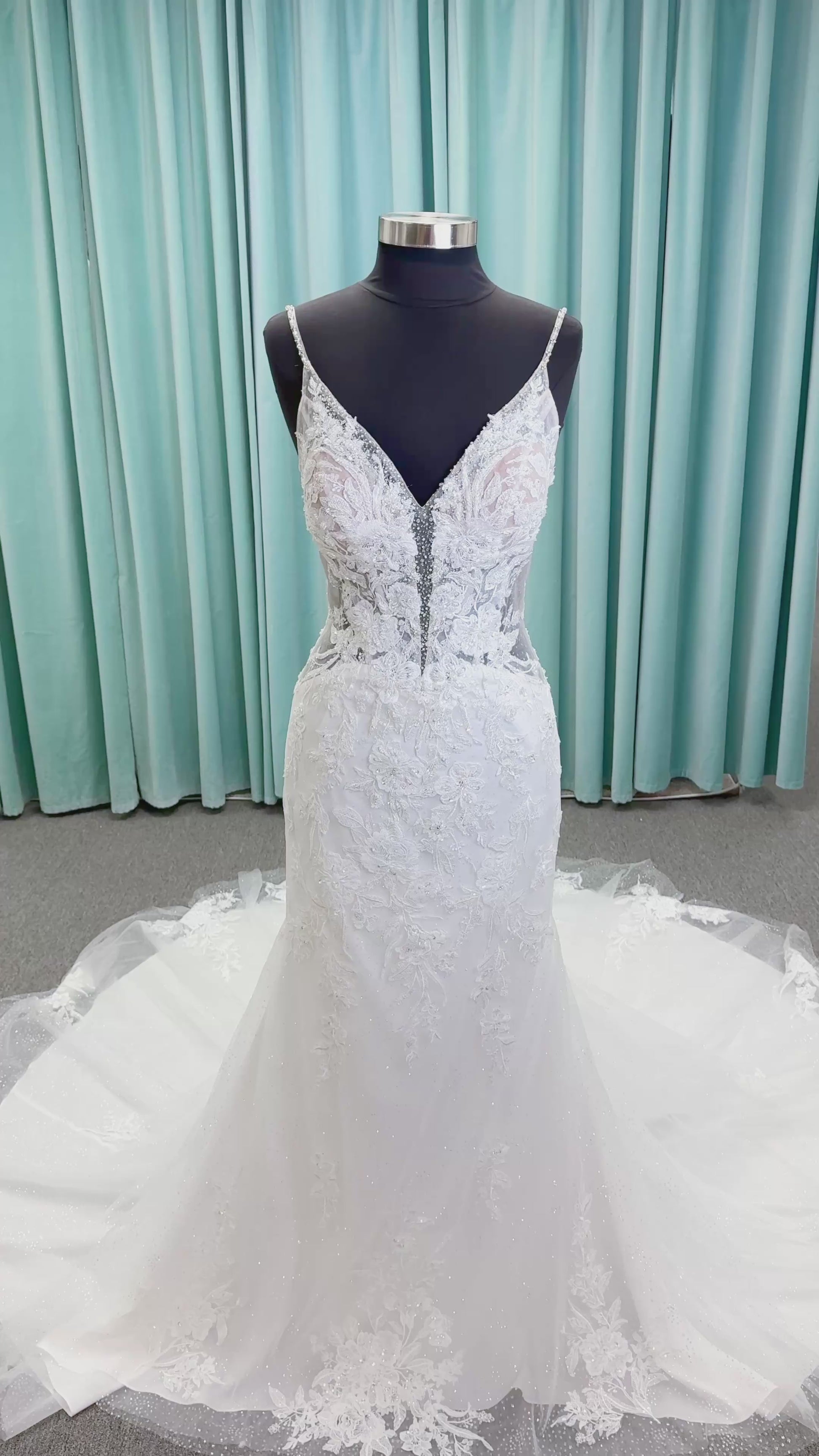 Morilee 2467 Fortunata fit and flare wedding dress with V-neckline, frosted crystal lace appliqués, open beaded back, and sparkle net skirt in Ivory/Cappuccino/Honey.