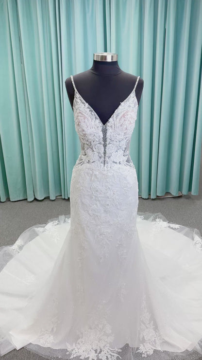 Morilee 2467 Fortunata fit and flare wedding dress with V-neckline, frosted crystal lace appliqués, open beaded back, and sparkle net skirt in Ivory/Cappuccino/Honey.