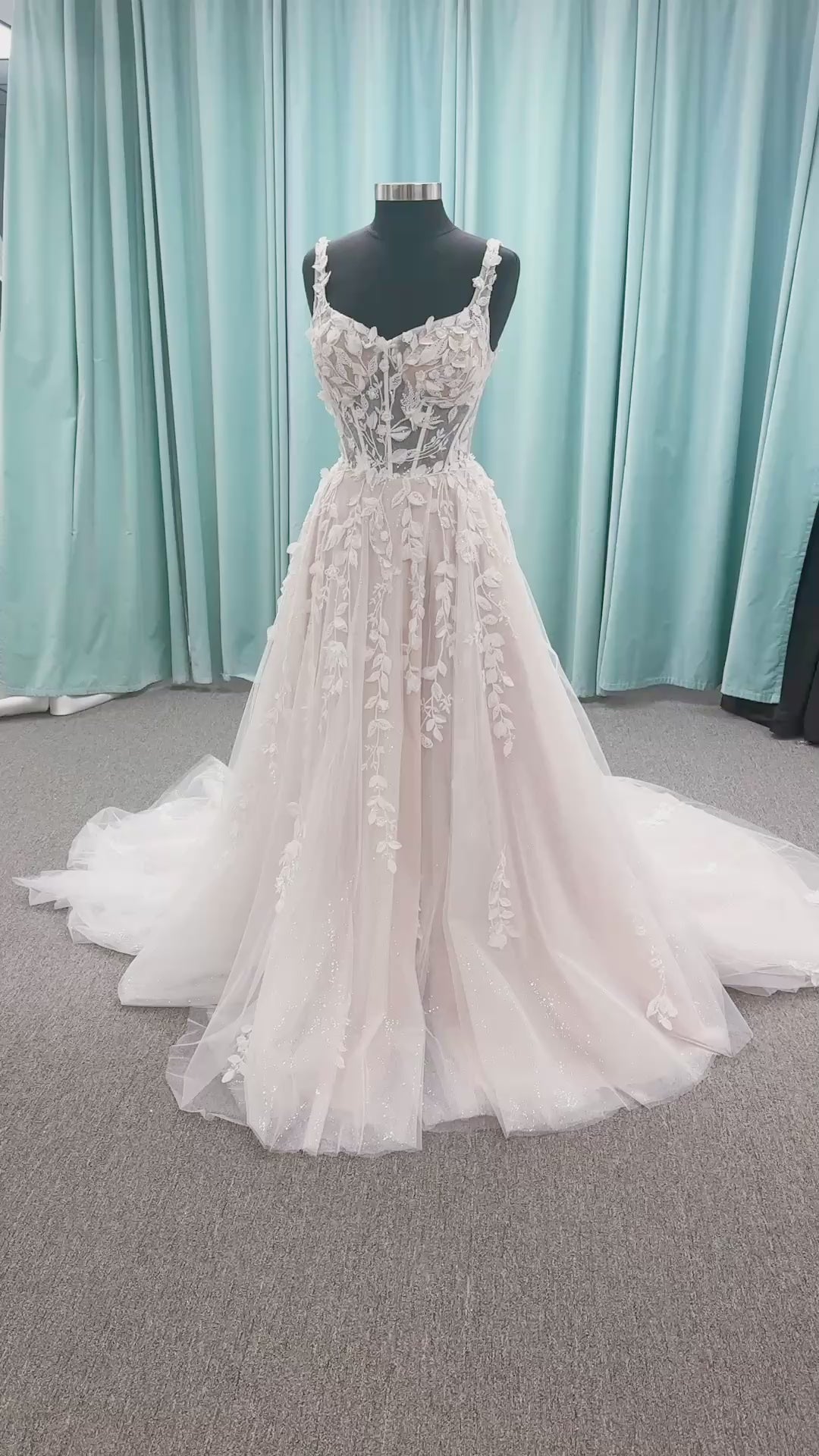 Amaryllis A-line Wedding Dress in Ivory/Cashmere, Size 12 — shimmering layered tulle, floral appliqués, soft romantic skirt