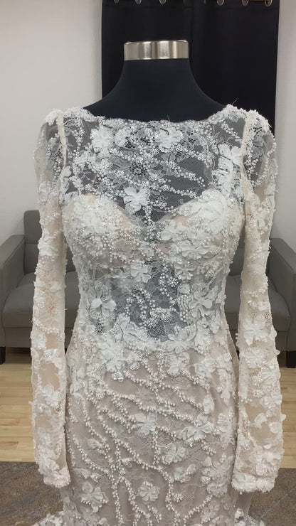 Lace long sleeve with boat neckline Wedding Dress