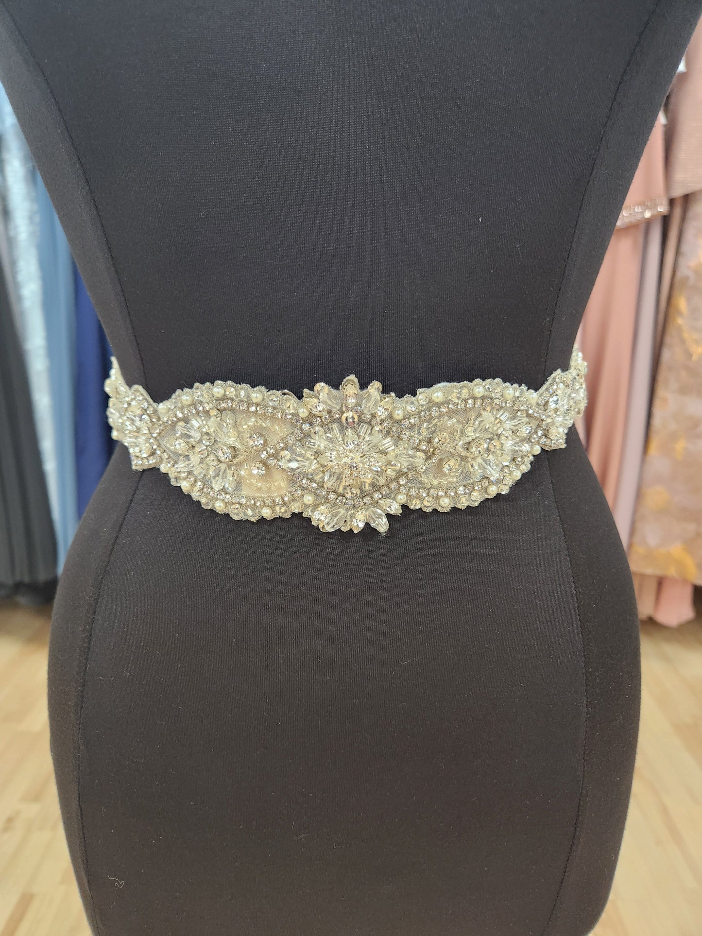 Champagne Rhinestone and Beaded Organza ribbon Wedding Dress  Belt