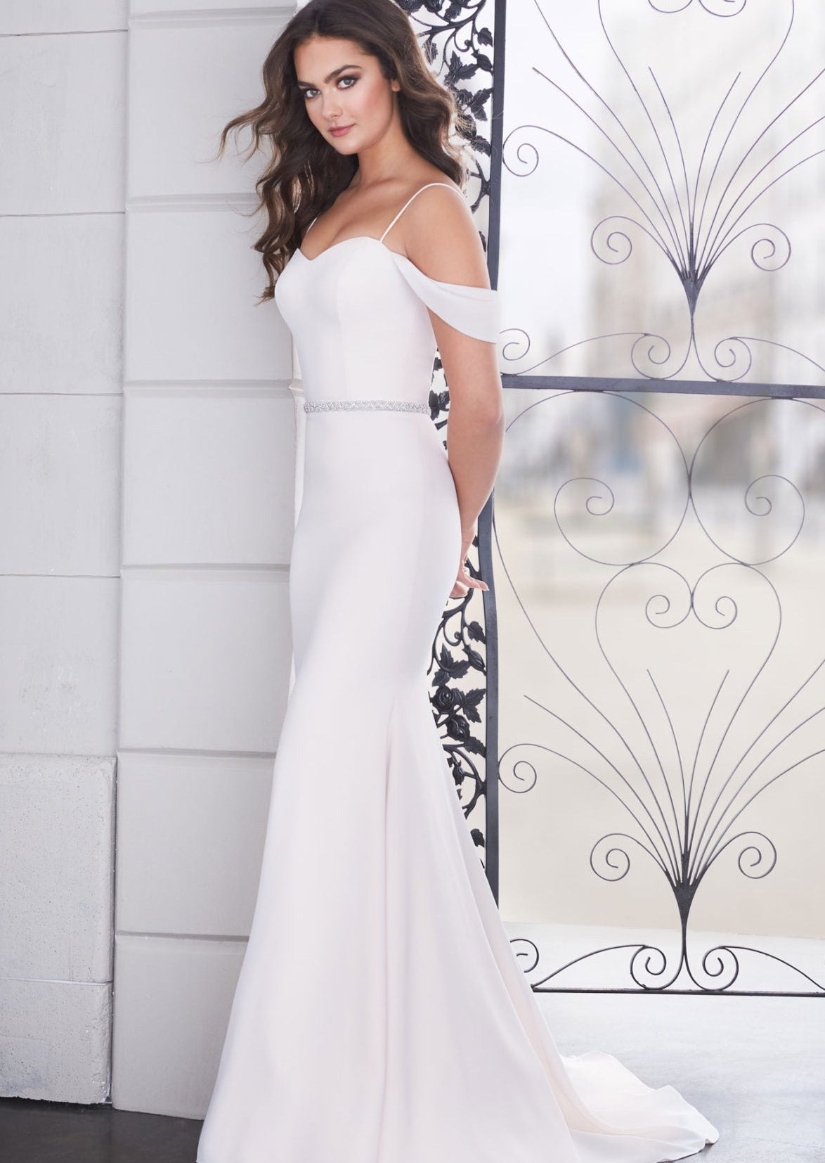 Crepe fit and flare wedding dress with off the shoulder spaghetti straps Paloma Blanca 4854